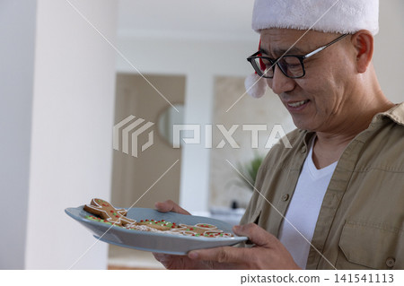 Senior asian man in santa hat glasses holding plate of gingerbread cookies at home, copy space Senior asian man in santa hat glasses holding plate of gingerbread cookies at home, copy space 141541113