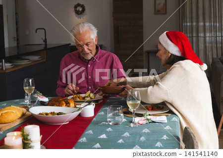 Senior couple wearing Santa hat passing wooden vegetable bowl sitting at home table with poultry Senior couple wearing Santa hat passing wooden vegetable bowl sitting at home table with poultry 141541140