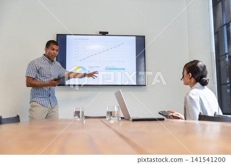 Diverse coworkers presenting data on wall monitor in meeting room, laptops, tablets, copy space Diverse coworkers presenting data on wall monitor in meeting room, laptops, tablets, copy space 141541200