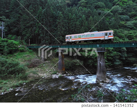 An uphill Kiha 11 diesel railcar crosses the Bandai Bridge on the Meisho Line, surrounded by deep green foliage. 141541352