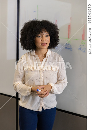 African american woman with whiteboard marker and explaining bar chart on whiteboard in office African american woman with whiteboard marker and explaining bar chart on whiteboard in office 141541980