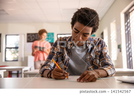Diverse teacher and student collaborating in classroom with writing in notebook and holding tablet Diverse teacher and student collaborating in classroom with writing in notebook and holding tablet 141542567