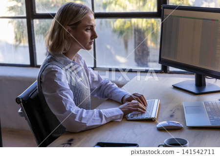 Woman yyping on keyboard at computer monitor on desk by window, copy space Woman yyping on keyboard at computer monitor on desk by window, copy space 141542711