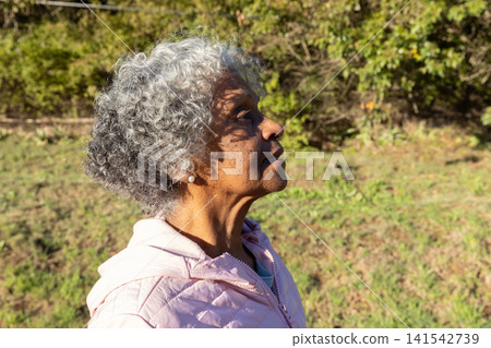 Senior african american woman gazing upward in grassy field wearing jacket, copy space Senior african american woman gazing upward in grassy field wearing jacket, copy space 141542739