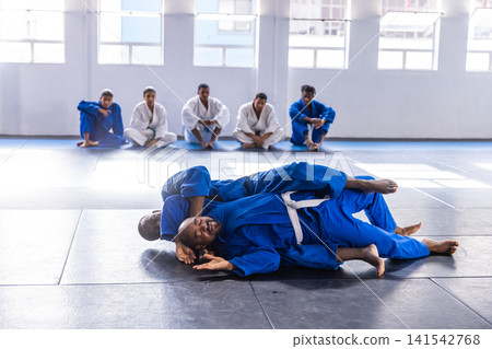 Two male martial artists grappling in blue gis on mats at martial studio with belts Two male martial artists grappling in blue gis on mats at martial studio with belts 141542768