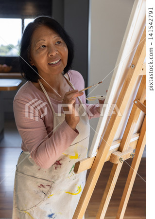 Senior asian woman painting on canvas in kitchen area in paint-stained apron with paintbrush Senior asian woman painting on canvas in kitchen area in paint-stained apron with paintbrush 141542791