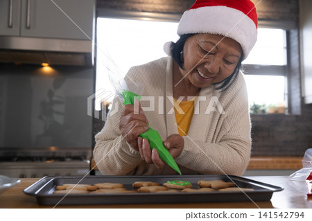 Senior Asian woman wearing Santa hat, piping green icing with bag on cookies at kitchen countertop Senior Asian woman wearing Santa hat, piping green icing with bag on cookies at kitchen countertop 141542794