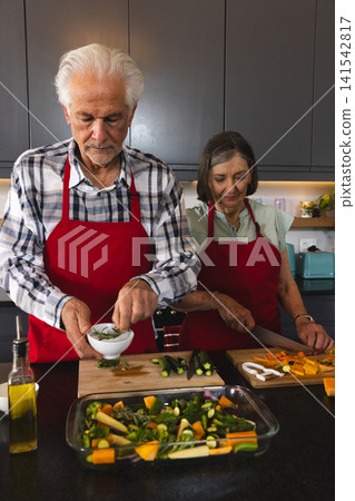 Senior couple wearing red aprons at kitchen countertop slicing vegetables into dish, holding herbs Senior couple wearing red aprons at kitchen countertop slicing vegetables into dish, holding herbs 141542817