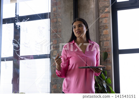 Asian woman presenting strategy on glass whiteboard in conference room with tablet and marker Asian woman presenting strategy on glass whiteboard in conference room with tablet and marker 141543151