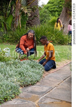 African american mother and teen son kneeling planting blossoms, trowel in garden, copy space African american mother and teen son kneeling planting blossoms, trowel in garden, copy space 141543319