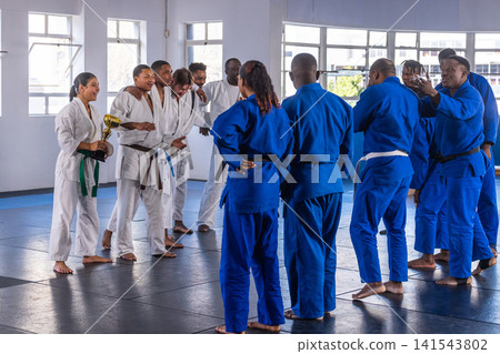 Diverse martial arts teams holding gold trophy, congratulating each other in training hall Diverse martial arts teams holding gold trophy, congratulating each other in training hall 141543802