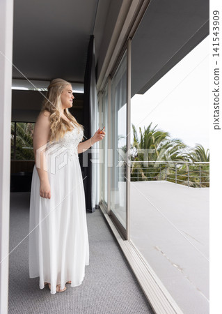 Woman wearing lace dress with sliding door handle gazing at palm trees inside suite, copy space Woman wearing lace dress with sliding door handle gazing at palm trees inside suite, copy space 141543909