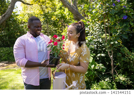 Diverse couple exchanging black pot containing red blooms and holding pink watering can in garden Diverse couple exchanging black pot containing red blooms and holding pink watering can in garden 141544151