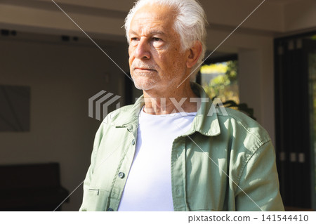 Senior man gazing thoughtfully near open doorway at home with sunlit greenery behind 141544410