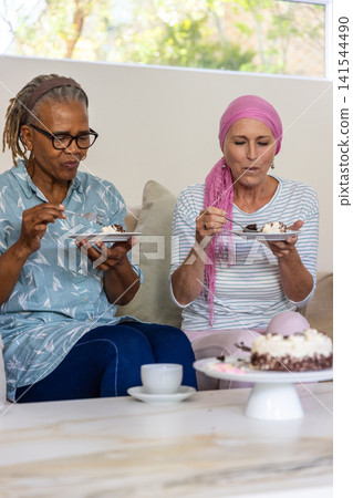 Diverse senior friends sitting on couch in living room holding plates with chocolate cake slices 141544490