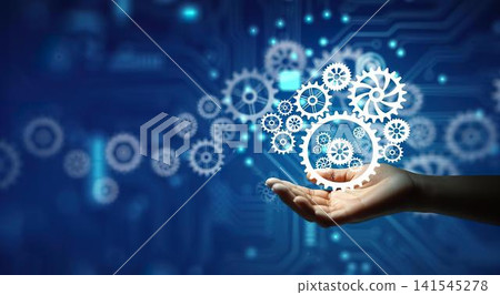 Hand holding smartphone with glowing gears and technology icons Hand holding smartphone with glowing gears and technology icons 141545278