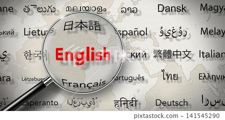 Magnifying glass over the word english in multiple languages Magnifying glass over the word english in multiple languages 141545290