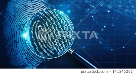 Magnifying glass with binary code on digital dark background Magnifying glass with binary code on digital dark background 141545291