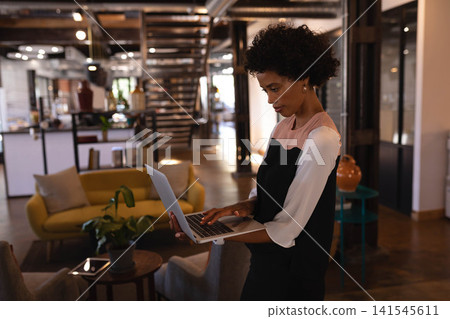 African American woman holding and typing on silver laptop in modern office lounge, copy space African American woman holding and typing on silver laptop in modern office lounge, copy space 141545611