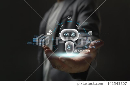 Hand holding smartphone with ai assistant and digital icons Hand holding smartphone with ai assistant and digital icons 141545807