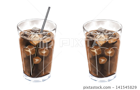 A watercolor set of iced coffee in a glass. A watercolor set of iced coffee in a glass. 141545829