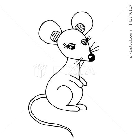 Hand-drawn vector illustration. Cartoon little mouse in black outline isolated on white background. For prints, children's coloring. Hand-drawn vector illustration. Cartoon little mouse in black outline isolated on white background. For prints, children's coloring. 141546117