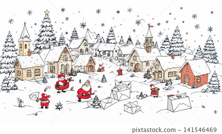 Santa claus collecting letters in winter village 141546469