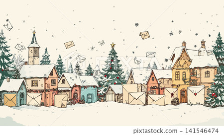 Letters to santa claus flying over snowy village 141546474