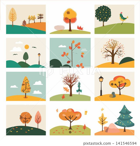 Vibrant fall-themed illustrations featuring trees and nature. 141546594