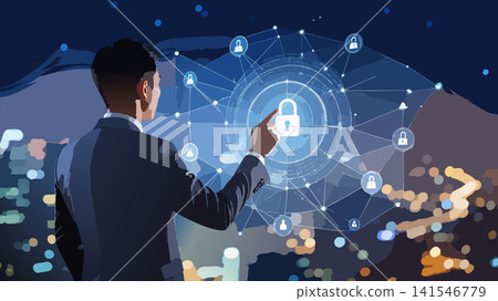 Businessman touching digital lock icon cybersecurity network 141546779