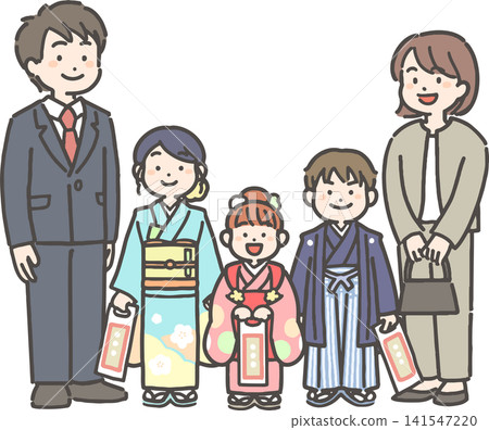 一家人穿著袴或振袖參加七五三節(日本傳統的兒童成年禮)。 一家人穿著袴或振袖參加七五三節(日本傳統的兒童成年禮)。 141547220