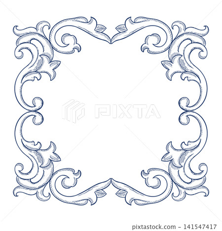 A frame with a decorative baroque ornament. Vector, graphic illustration. White and blue color. A universal element for designing covers, invitations, postcards and certificates, web pages, and more. A frame with a decorative baroque ornament. Vector, graphic illustration. White and blue color. A universal element for designing covers, invitations, postcards and certificates, web pages, and more. 141547417