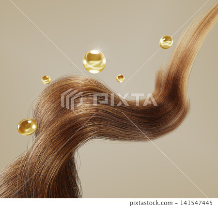 3d brown hair wave with jojoba oil drops on beige background. Healthy shiny locks with gold liquid bubbles, keratin biotin serum, honey shampoo or conditioner. Repair and beauty care. 3D illustration 3d brown hair wave with jojoba oil drops on beige background. Healthy shiny locks with gold liquid bubbles, keratin biotin serum, honey shampoo or conditioner. Repair and beauty care. 3D illustration 141547445