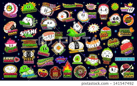 Retro Y2K Japanese sushi roll stickers and vintage seafood patch vector labels. Cartoon sushi stickers of nigiri, maki rolls with wasabi and soy sauce, shrimp with tuna or salmon and kawaii rice balls Retro Y2K Japanese sushi roll stickers and vintage seafood patch vector labels. Cartoon sushi stickers of nigiri, maki rolls with wasabi and soy sauce, shrimp with tuna or salmon and kawaii rice balls 141547492