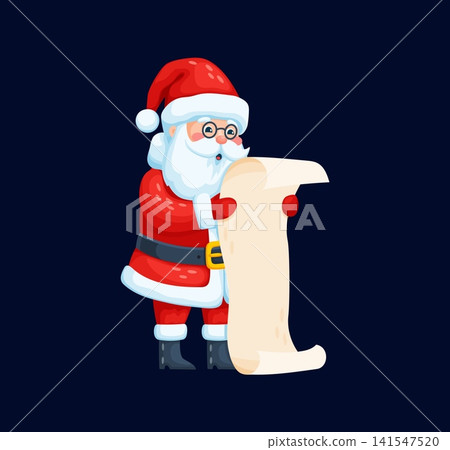 Christmas Santa Claus cartoon character holding long paper scroll list. Vector cute winter holiday personage with red costume, beard and hat reading wishlist. Festive december celebration Noel mascot Christmas Santa Claus cartoon character holding long paper scroll list. Vector cute winter holiday personage with red costume, beard and hat reading wishlist. Festive december celebration Noel mascot 141547520
