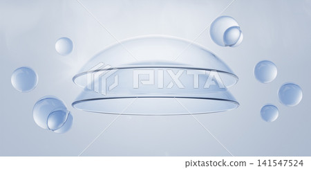 Contact lenses with clear water bubbles float on soft blue 3d background. Silicone hydrogel lens for vision correction, thin plastic disks with saline solution or rewetting eye drops. 3D illustration Contact lenses with clear water bubbles float on soft blue 3d background. Silicone hydrogel lens for vision correction, thin plastic disks with saline solution or rewetting eye drops. 3D illustration 141547524