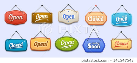 Open and closed signboards for shop or store door sign boards, vector icons. Coming soon, 24 7 open and close signboards or banners hanging on strings for supermarket or kiosk and restaurant door sign Open and closed signboards for shop or store door sign boards, vector icons. Coming soon, 24 7 open and close signboards or banners hanging on strings for supermarket or kiosk and restaurant door sign 141547542
