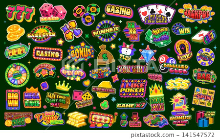 Retro y2k casino and poker stickers, gambling game patch labels. Vector groovy roulette, dice, chips and slot machine icons. Vintage play cards, horseshoe, lottery, fortune wheel and gold stickers set Retro y2k casino and poker stickers, gambling game patch labels. Vector groovy roulette, dice, chips and slot machine icons. Vintage play cards, horseshoe, lottery, fortune wheel and gold stickers set 141547572