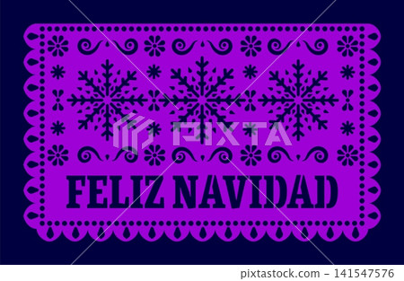 Mexican papel picado paper cut flag of Feliz Navidad spanish Merry Christmas holiday. Vibrant purple paper banner featuring delicate snowflake patterns for holiday decorations, or cultural events Mexican papel picado paper cut flag of Feliz Navidad spanish Merry Christmas holiday. Vibrant purple paper banner featuring delicate snowflake patterns for holiday decorations, or cultural events 141547576