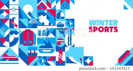 Modern geometric mosaic banner with winter sport games with ski and ice skates or sled. Sports pattern background with geometric tile shapes of sport equipment of snowboard or curling and snow scooter Modern geometric mosaic banner with winter sport games with ski and ice skates or sled. Sports pattern background with geometric tile shapes of sport equipment of snowboard or curling and snow scooter 141547613