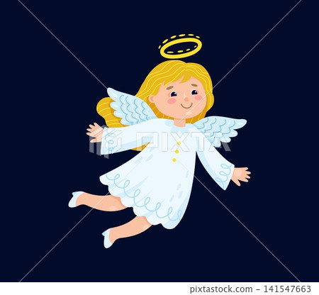 Cartoon Christmas angel flying with wings and halo. Cute smiling angelic child character in white dress. Gentle vector Xmas angel personage with peaceful festive mood and spiritual holiday atmosphere Cartoon Christmas angel flying with wings and halo. Cute smiling angelic child character in white dress. Gentle vector Xmas angel personage with peaceful festive mood and spiritual holiday atmosphere 141547663