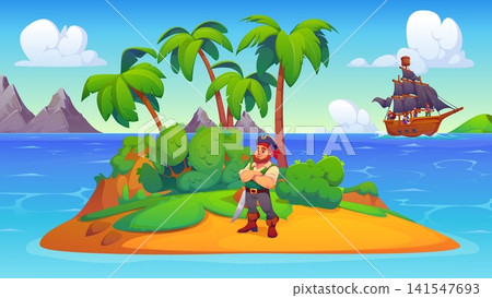 Cartoon pirate captain character on tropical island beach at Caribbean sea. Pirate captain or corsair buccaneer sailor in tricorn hat at treasure island with sailboat ship or sail boat on ocean waves Cartoon pirate captain character on tropical island beach at Caribbean sea. Pirate captain or corsair buccaneer sailor in tricorn hat at treasure island with sailboat ship or sail boat on ocean waves 141547693