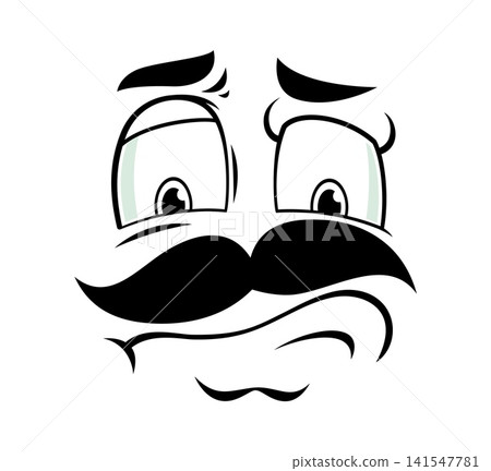 Funny cartoon worried face with wide anxious eyes, thick mustache and wavy uncertain mouth. Black white comic face with disturbed expression for teens apparel prints or social media stickers 141547781