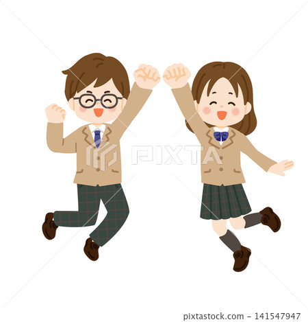 A student in a blazer uniform makes a victory pose. A student in a blazer uniform makes a victory pose. 141547947