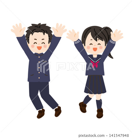 身穿校服和水手服的學生們歡呼慶祝。 身穿校服和水手服的學生們歡呼慶祝。 141547948