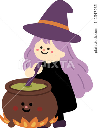 Cute Halloween Kawaii Witch Stirring a Smiling Cauldron Cute Halloween Kawaii Witch Stirring a Smiling Cauldron 141547985