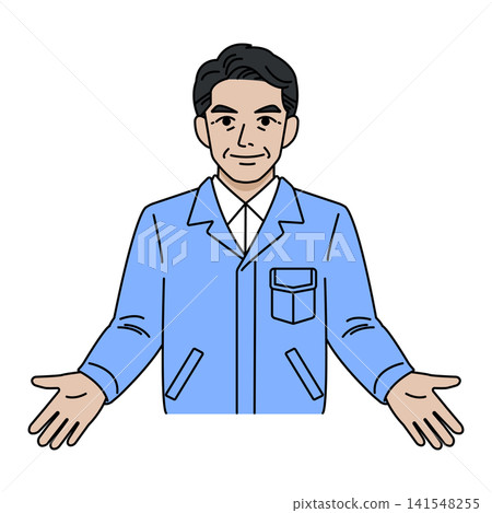 Worker supervisor in a light blue work uniform, posing for welcome. Worker supervisor in a light blue work uniform, posing for welcome. 141548255
