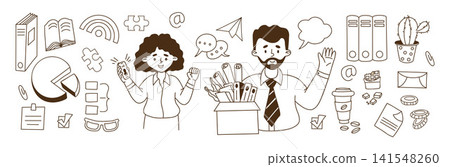 Corporate Office Life Doodle Set. Business Man and Woman Characters Plus Professional Workflow and Work Symbols. Isolated Outline hand-drawn. Vector illustration Corporate Office Life Doodle Set. Business Man and Woman Characters Plus Professional Workflow and Work Symbols. Isolated Outline hand-drawn. Vector illustration 141548260