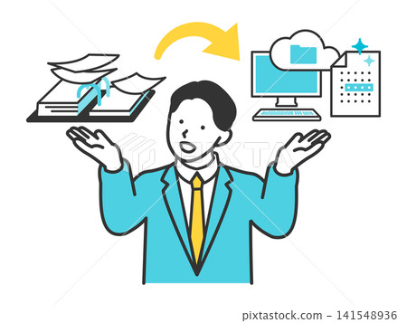 An illustration of a businessman who uses OCR to go paperless and improve work efficiency. An illustration of a businessman who uses OCR to go paperless and improve work efficiency. 141548936