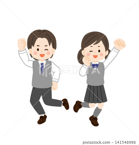 A student in a vest and uniform makes a victory pose. 141548998
